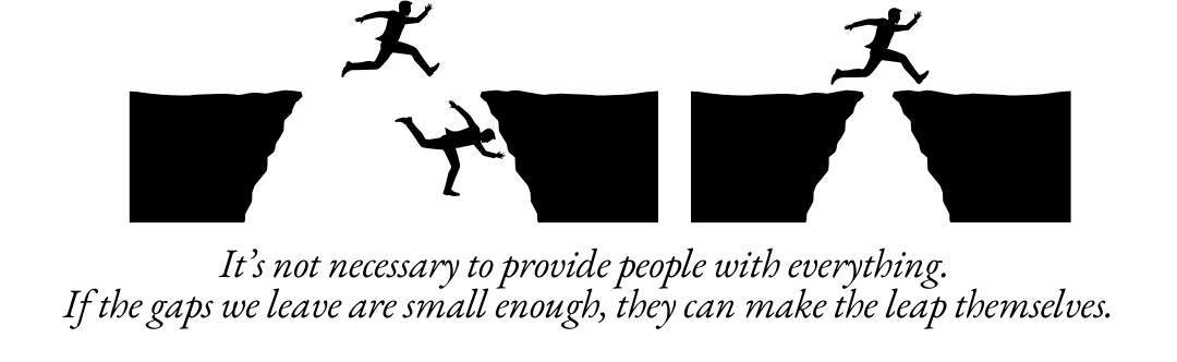 Two scenes of figures leaping across cliff gaps — one too wide to clear, one small enough to make